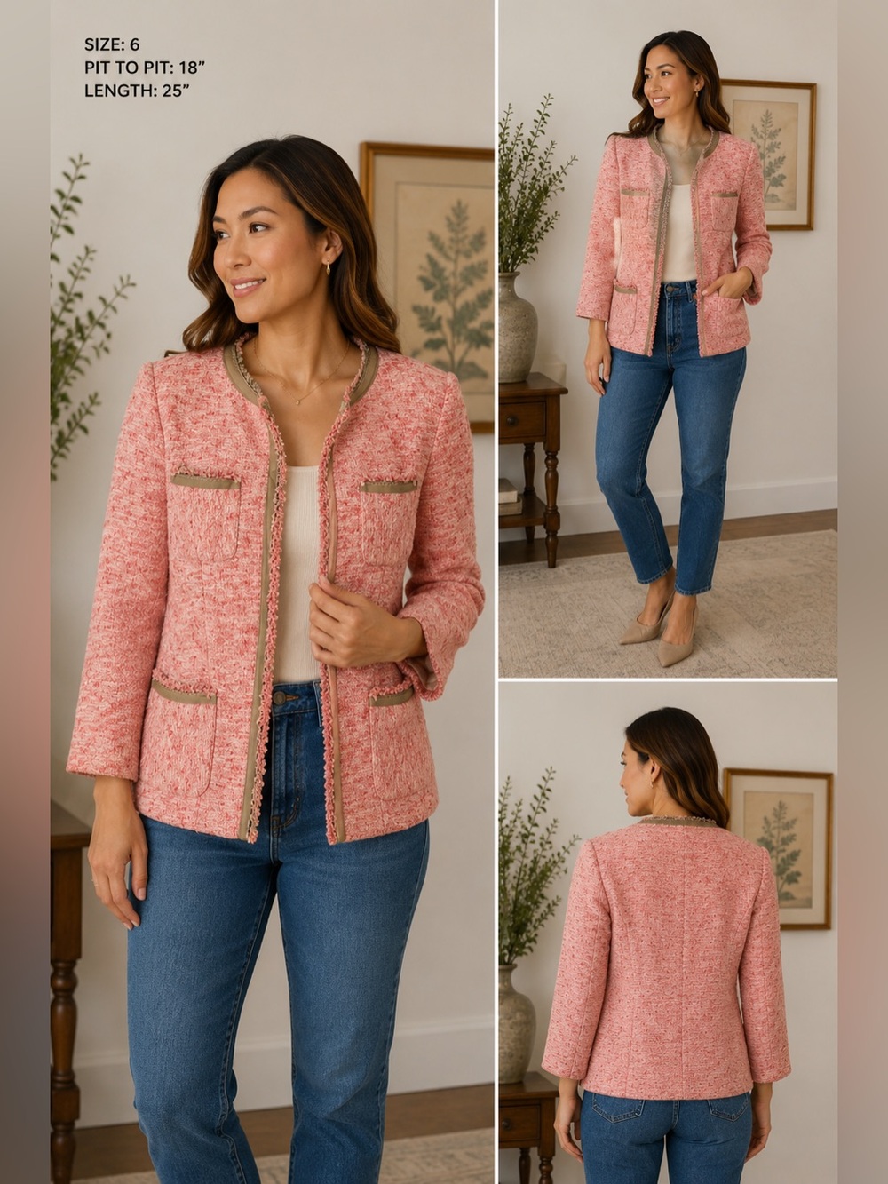 Lafayette 148 Pink 100% Cotton Tweed Blazer Women's Size 6 Suit Jacket